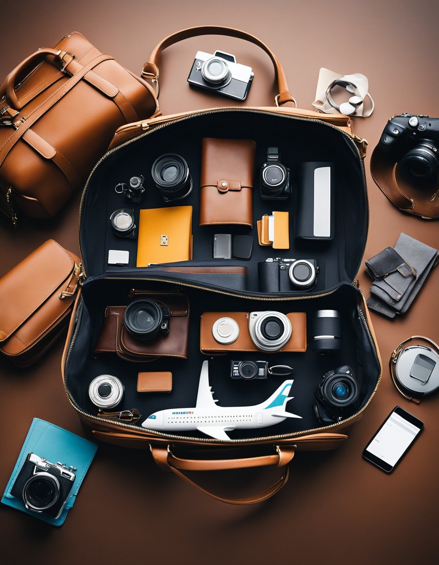 A handbag open on a flat surface, neatly packed with travel essentials and organized compartments, ready for flying