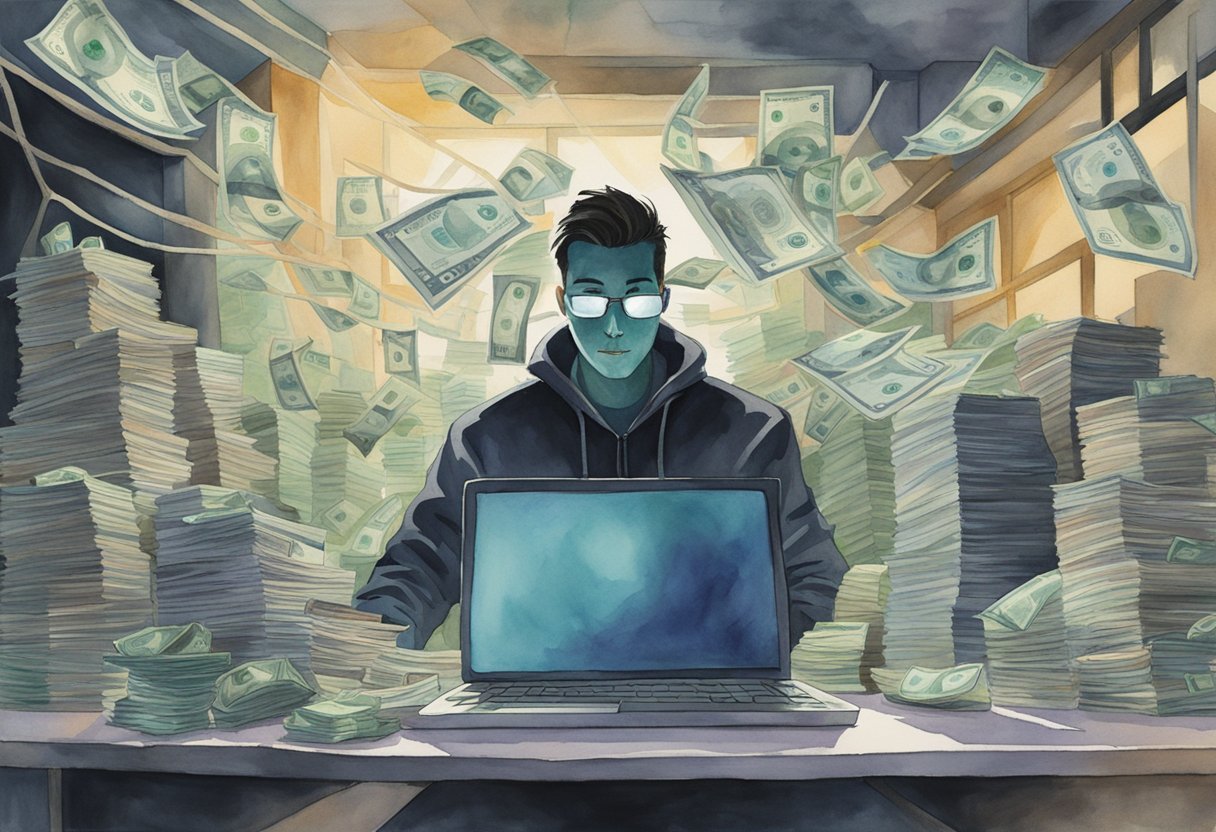 A shadowy figure hovers over a computer, surrounded by stacks of cash and a web of tangled wires. A sly grin crosses their face as they manipulate the digital world