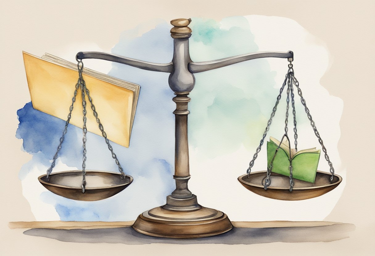 A scale balancing a consumer and a business, with a shield representing protection and a hand holding a document symbolizing rights