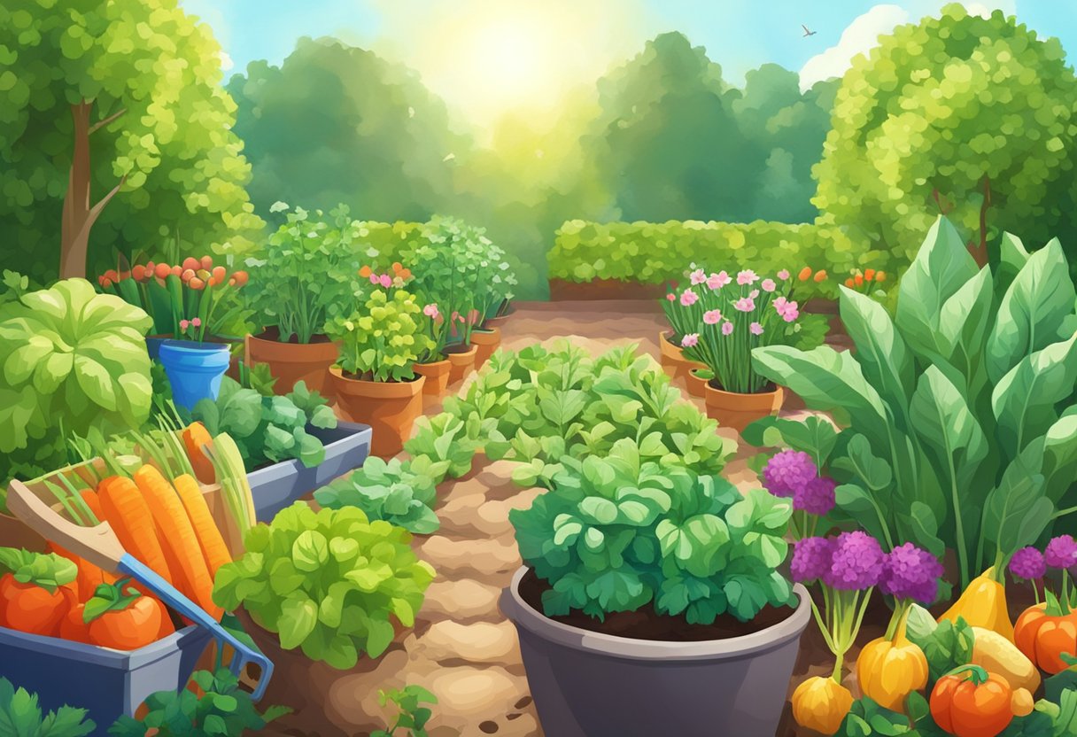 A lush garden with rows of vibrant vegetables thriving in the sunlight, surrounded by a variety of gardening tools and supplies