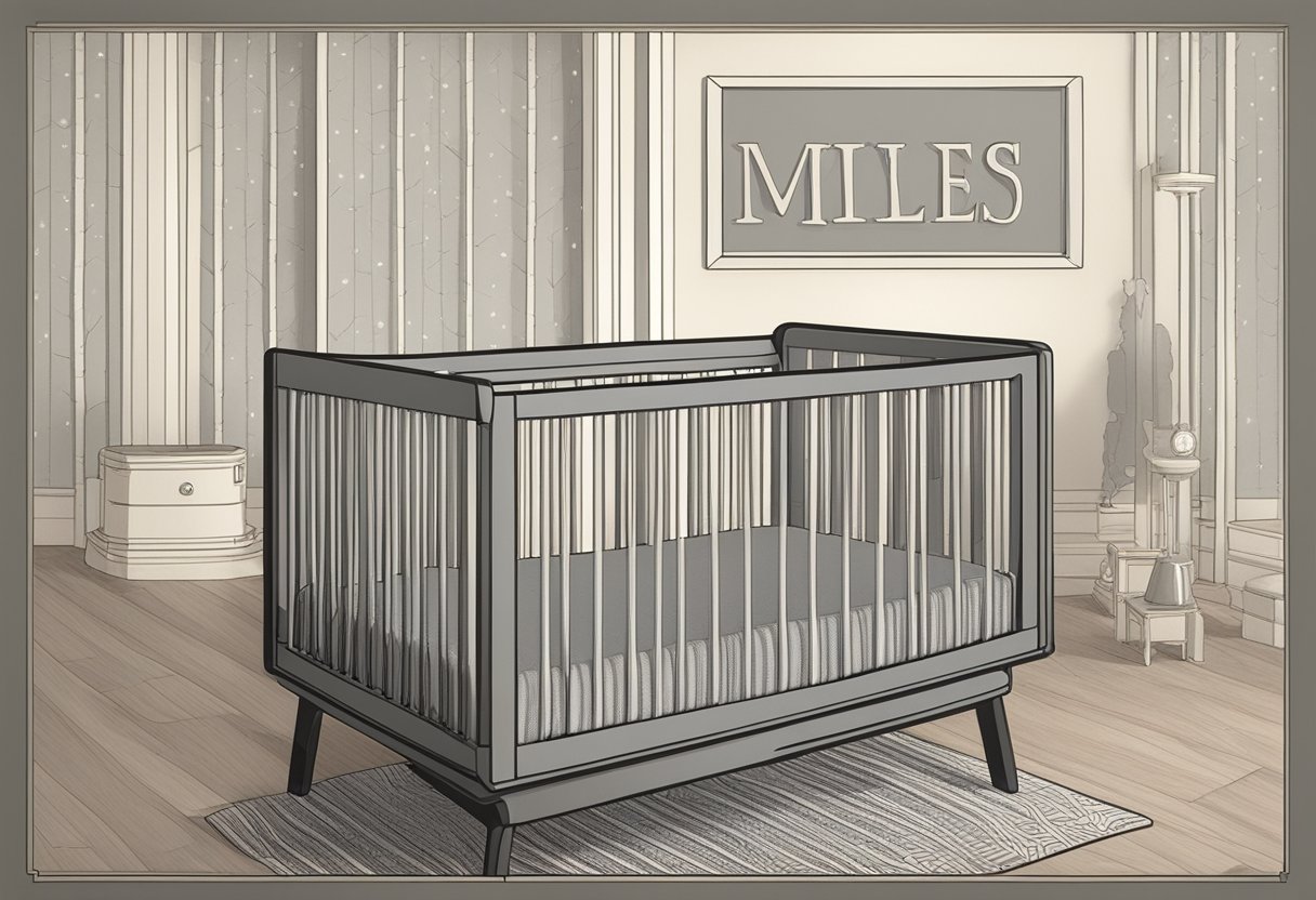 A crib with the name "Myles" displayed on a plaque above it