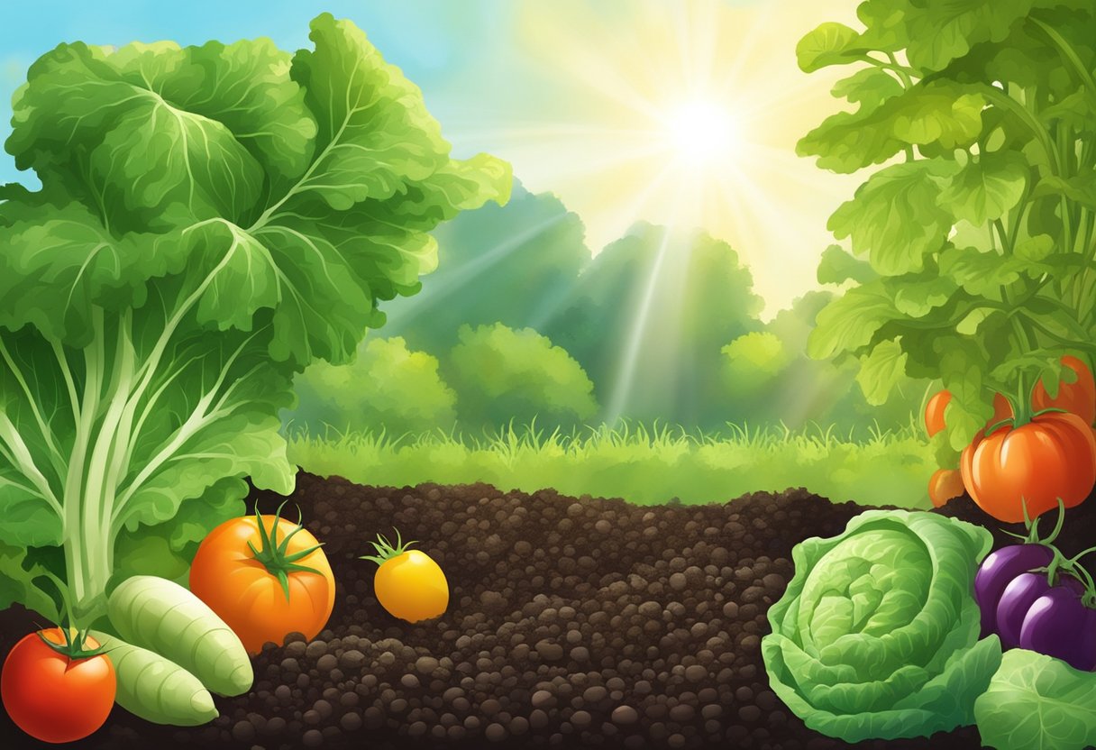 Rich, dark soil with visible organic matter. A variety of vegetables growing, such as tomatoes, carrots, and lettuce. Sunlight filtering through the leaves