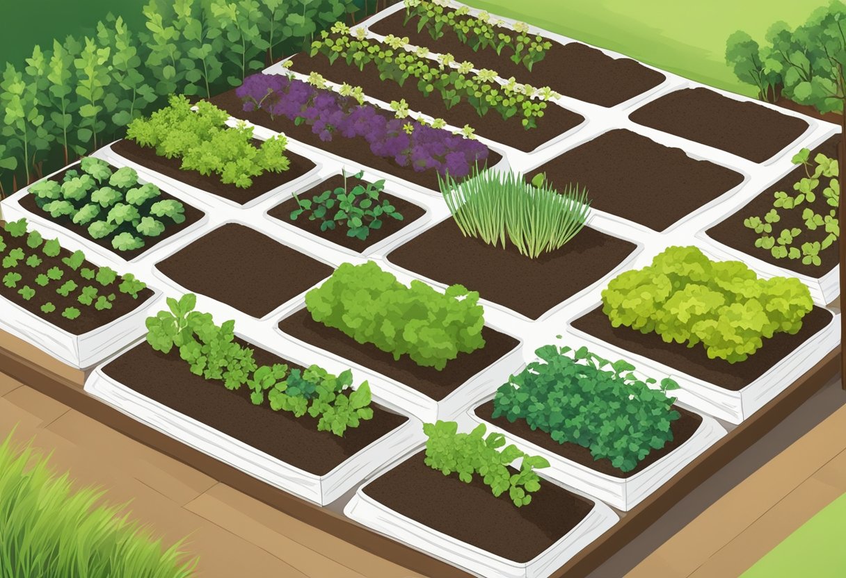 A garden bed with rows of freshly planted vegetables, surrounded by fertile soil and labeled with plant markers