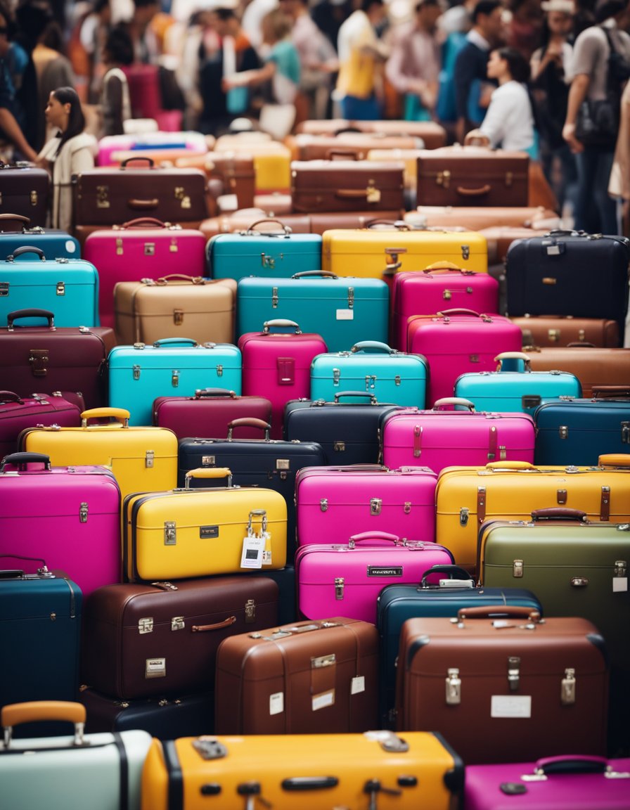 Brightly colored suitcases stacked in a row, with price tags and "best deal" signs. A crowd of shoppers browsing and comparing options