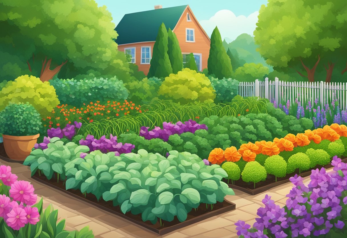 Lush garden with rows of thriving vegetables, surrounded by neatly trimmed hedges and colorful flowers. Tools and a watering can are placed nearby