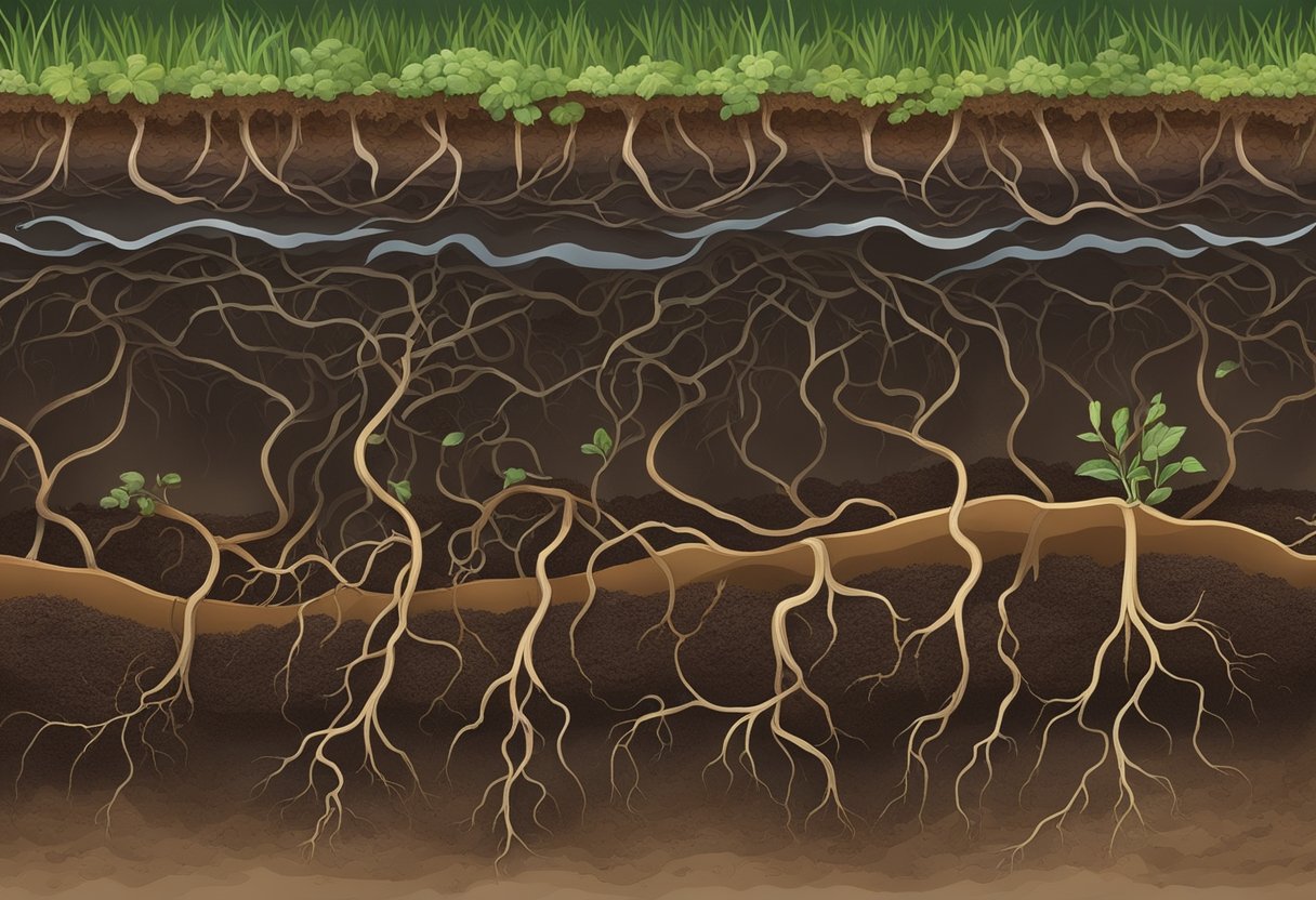 Rich, dark soil with visible layers of sand, silt, and clay. Roots from healthy plants stretching deep into the earth. Microorganisms and earthworms working to break down organic matter