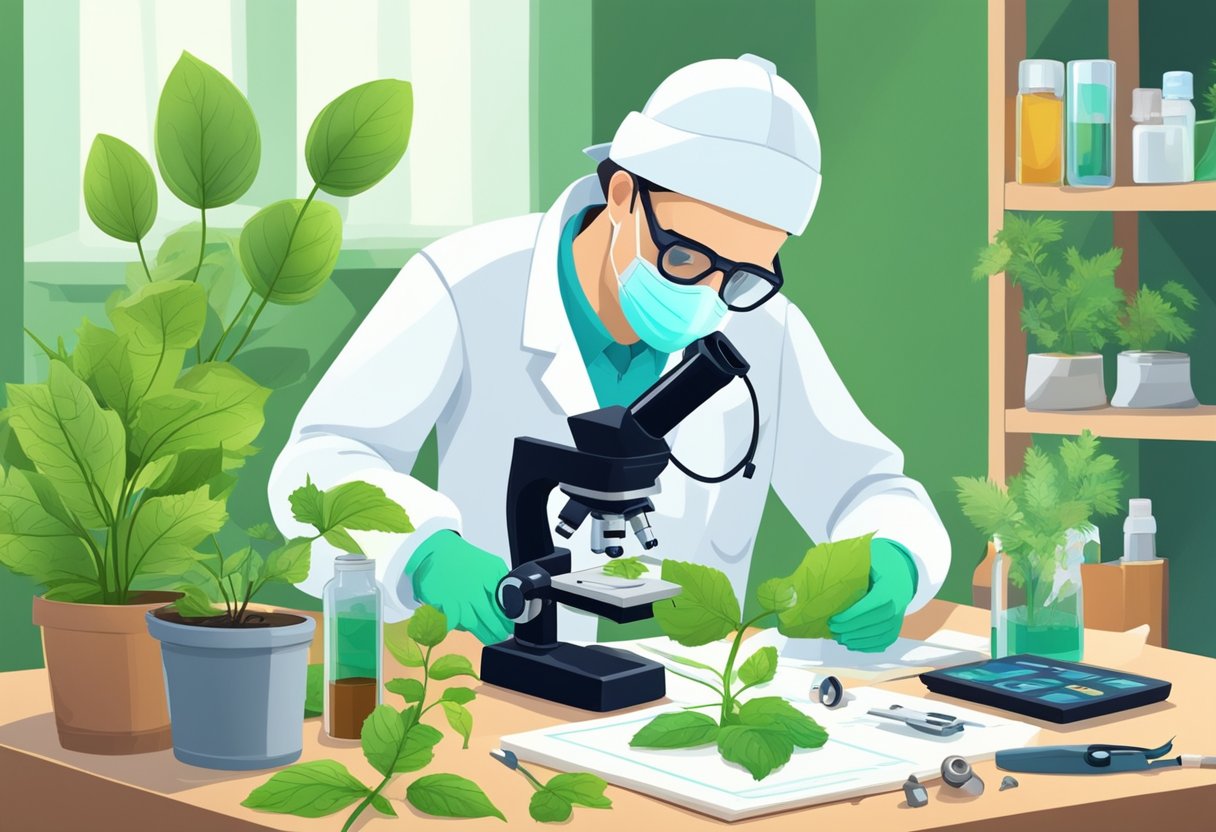 Healthy plants surrounded by tools, sprays, and protective gear. Charts and books on pest and disease control. A scientist studying a microscope slide of a diseased leaf