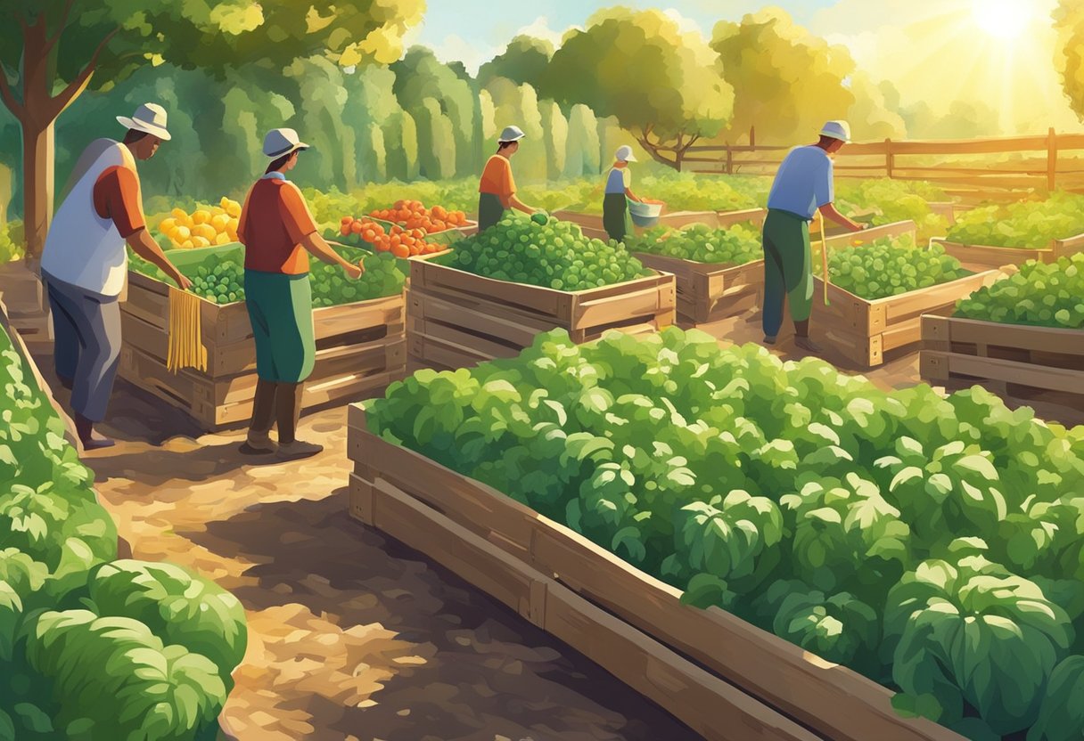 A garden filled with ripe vegetables being carefully harvested and sorted into crates for post-harvest handling. The sun shines down on the vibrant green plants, highlighting the abundance of the harvest