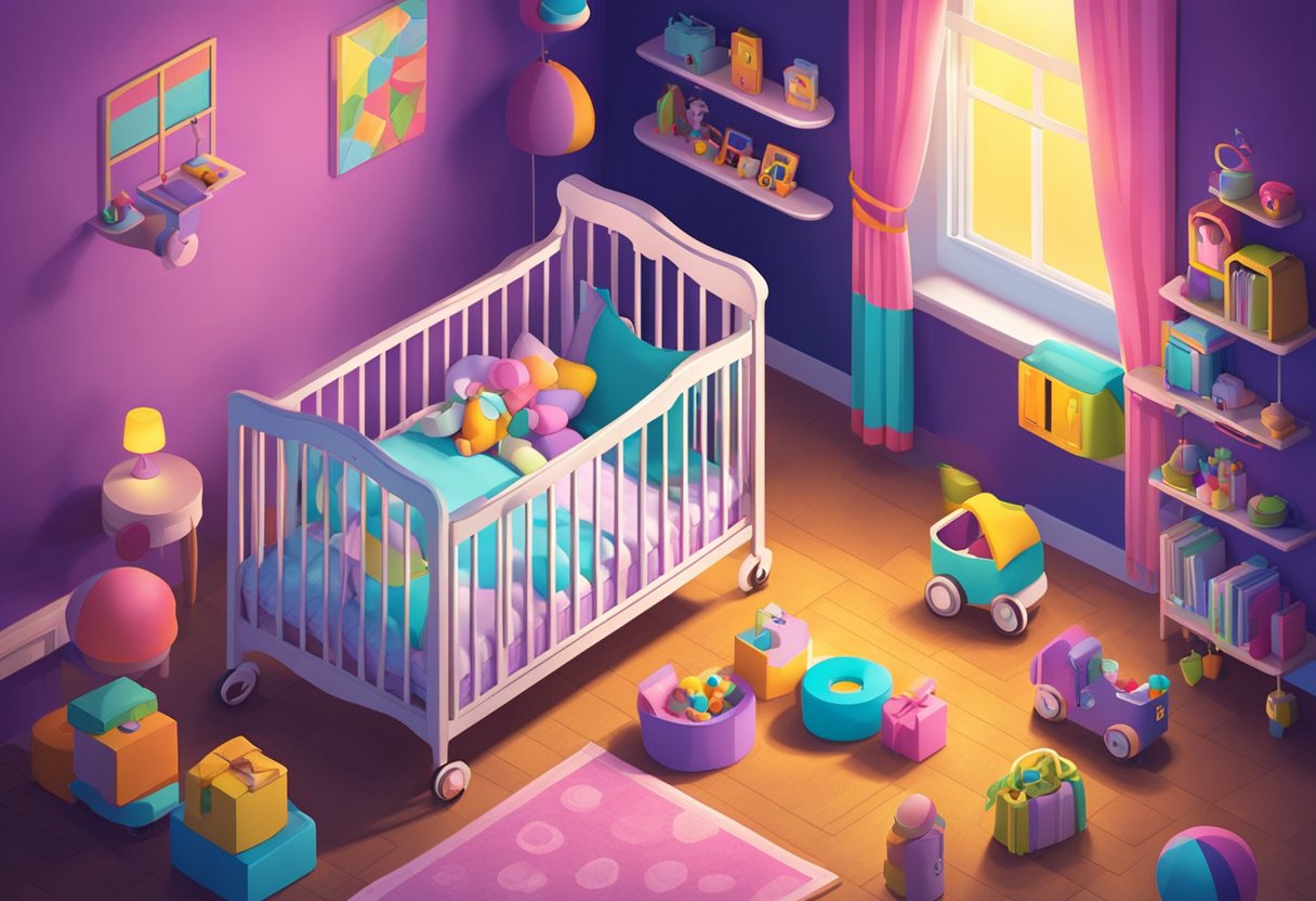 A crib with the name "Myra" in colorful letters, surrounded by toys and a mobile overhead