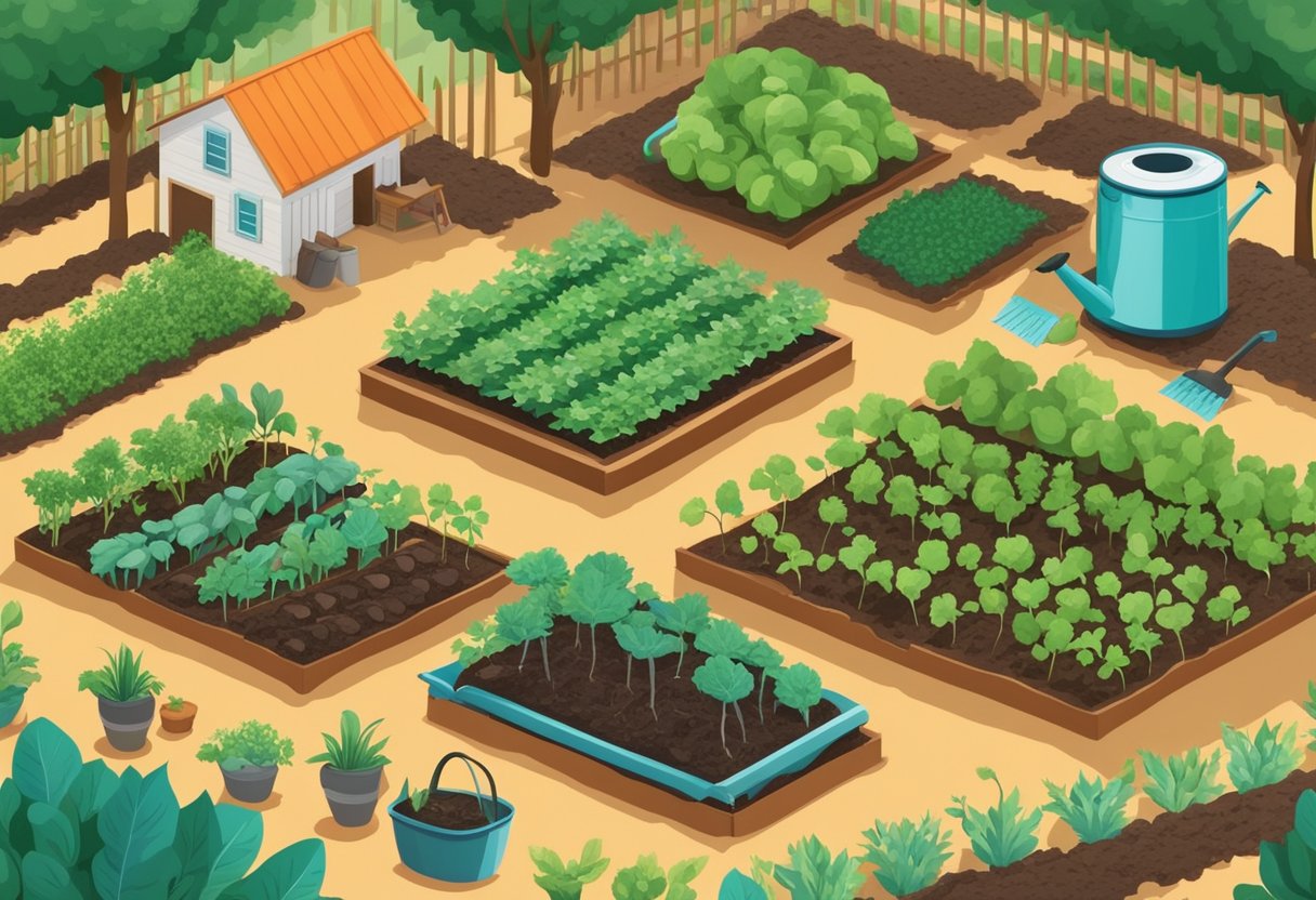 Lush garden with rows of vegetables from seed to harvest, surrounded by tools, compost, and watering cans