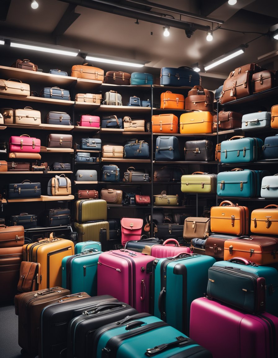 A busy luggage store with rows of colorful suitcases and shelves of accessories, customers browsing and trying out different options