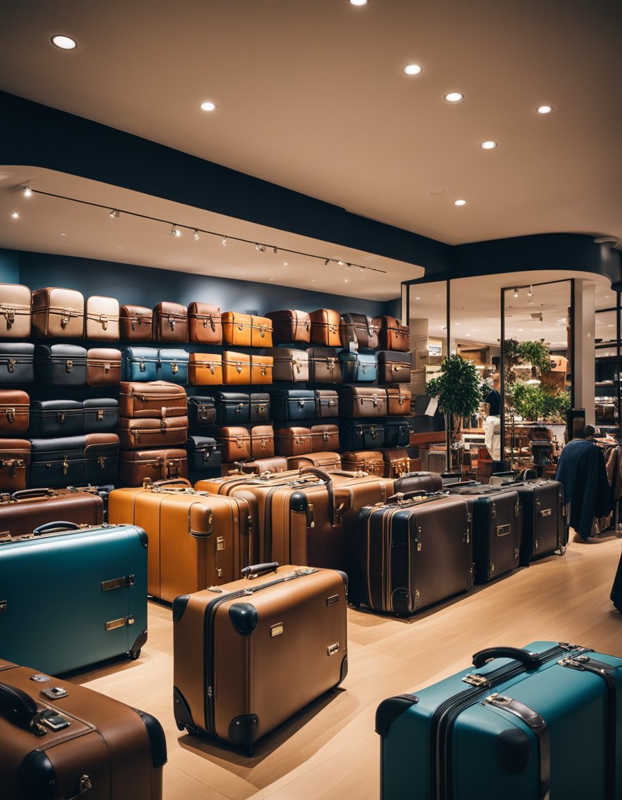 A suitcase store with a variety of sizes, colors, and styles. Customers browsing and comparing different suitcases. Bright lighting and clean displays