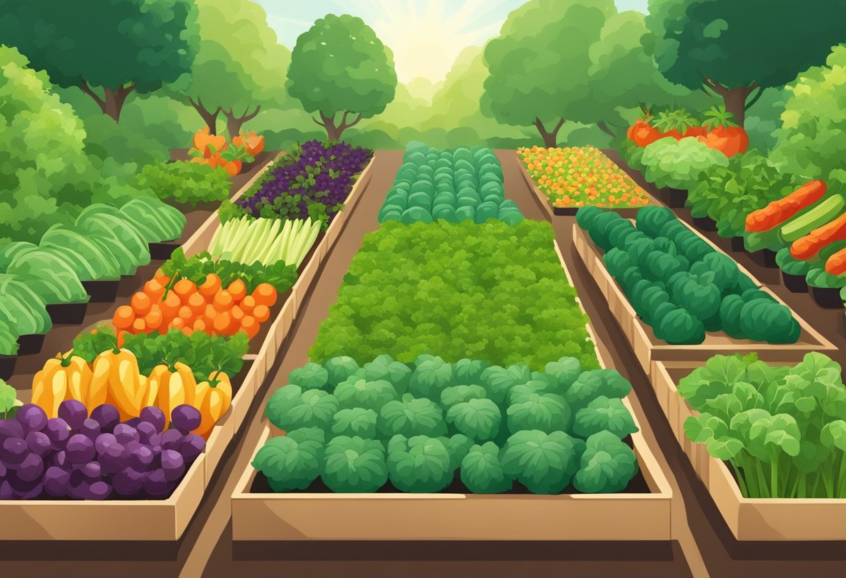 Lush green garden beds bursting with colorful vegetables, neatly arranged rows, and healthy plants reaching towards the sun