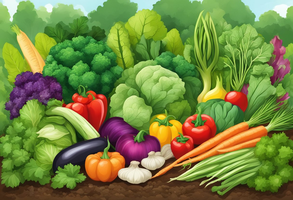 A variety of healthy and vibrant vegetables are carefully arranged in a well-tended garden bed, surrounded by rich soil and lush green foliage