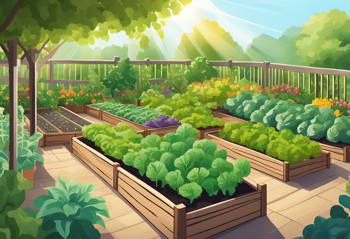 Lush garden with raised beds, trellises, and diverse vegetables thriving. Sunlight filters through the leaves, and a small irrigation system keeps the soil moist