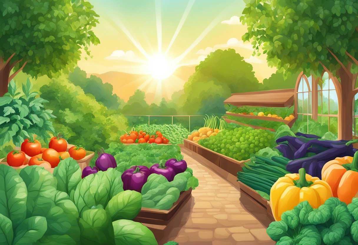 Lush, vibrant garden with various vegetables growing. Sunlight filters through the leaves, highlighting the abundance of fresh produce