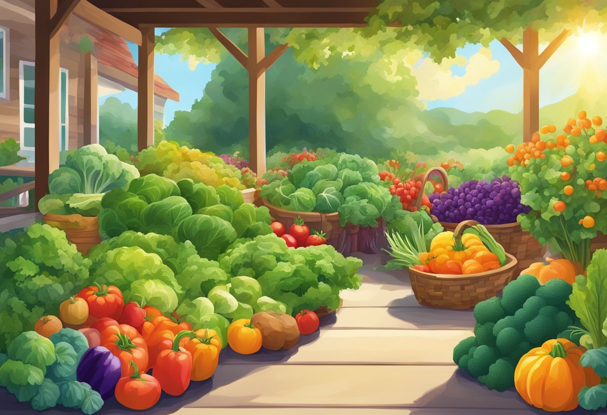 Lush garden bursting with colorful, vibrant vegetables. Sunlight illuminates the variety of produce, showcasing the nutritional advantages of home-grown goodness