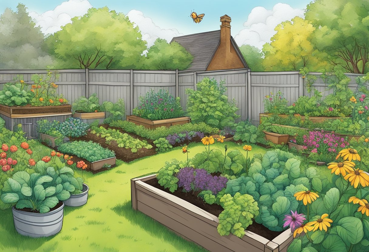 A lush vegetable garden thrives in a backyard, surrounded by compost bins and rain barrels. Bees and butterflies flit among the vibrant plants, showcasing the benefits of sustainable gardening