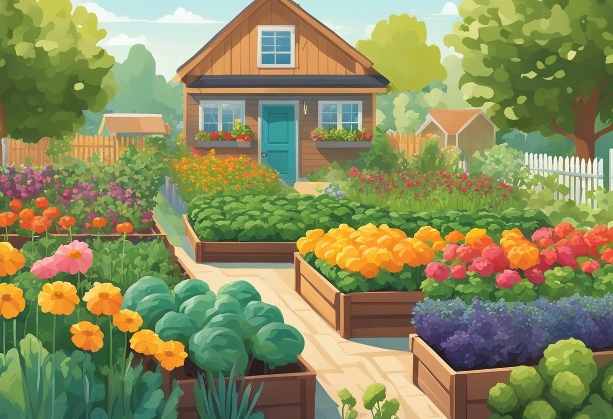 A vibrant vegetable garden thrives in the sunlight, with rows of leafy greens and colorful produce. Bees buzz around the blossoming flowers, and a small compost bin sits nearby, showcasing the sustainable and economic benefits of gardening