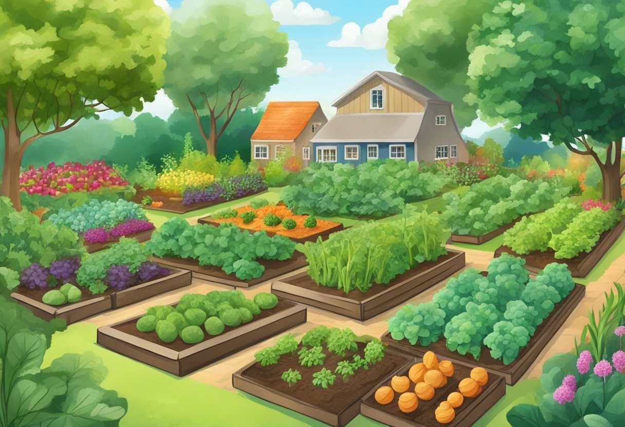 A thriving vegetable garden with vibrant, healthy plants and abundant produce, surrounded by a peaceful and serene environment