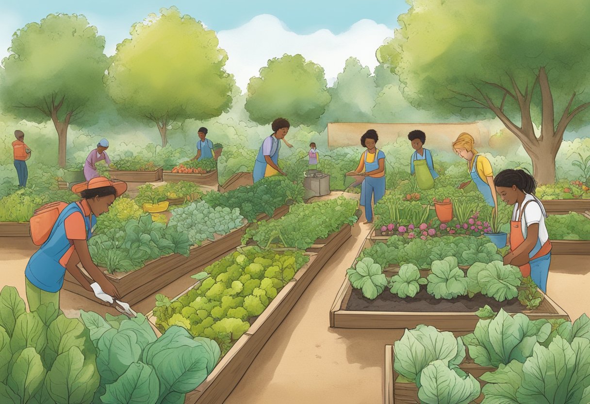 A diverse group tends to a lush vegetable garden, showcasing various stages of growth. A sign reads "Educational Opportunities for All Ages Exploring the Benefits of Vegetable Gardening: Why You Should Start Today"