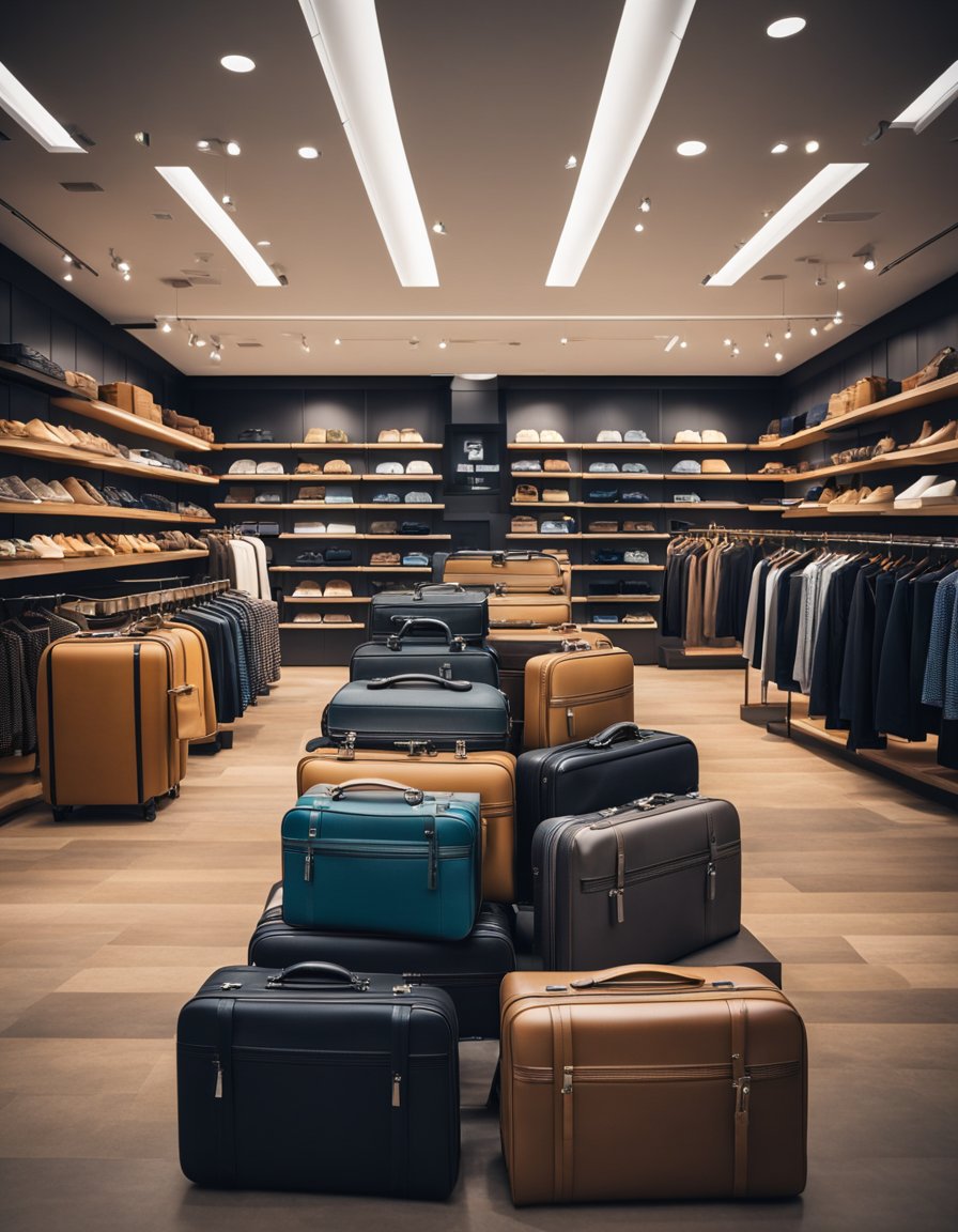 A suitcase store with modern designs and easy-to-use features. Display of various sizes and colors. Customers browsing and interacting with products