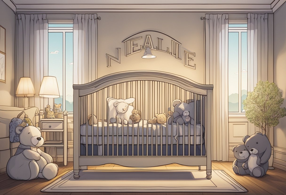 A small crib with the name "Nellie" engraved on the headboard, surrounded by soft blankets and stuffed animals