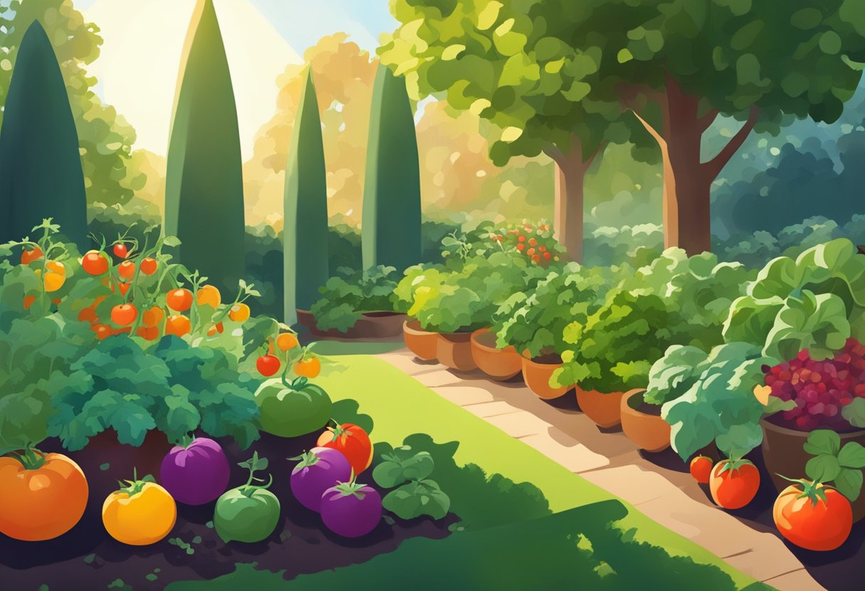 Lush garden with vibrant vegetables, ripe tomatoes, and leafy greens. Sunlight filters through the foliage, casting dappled shadows on the fertile soil