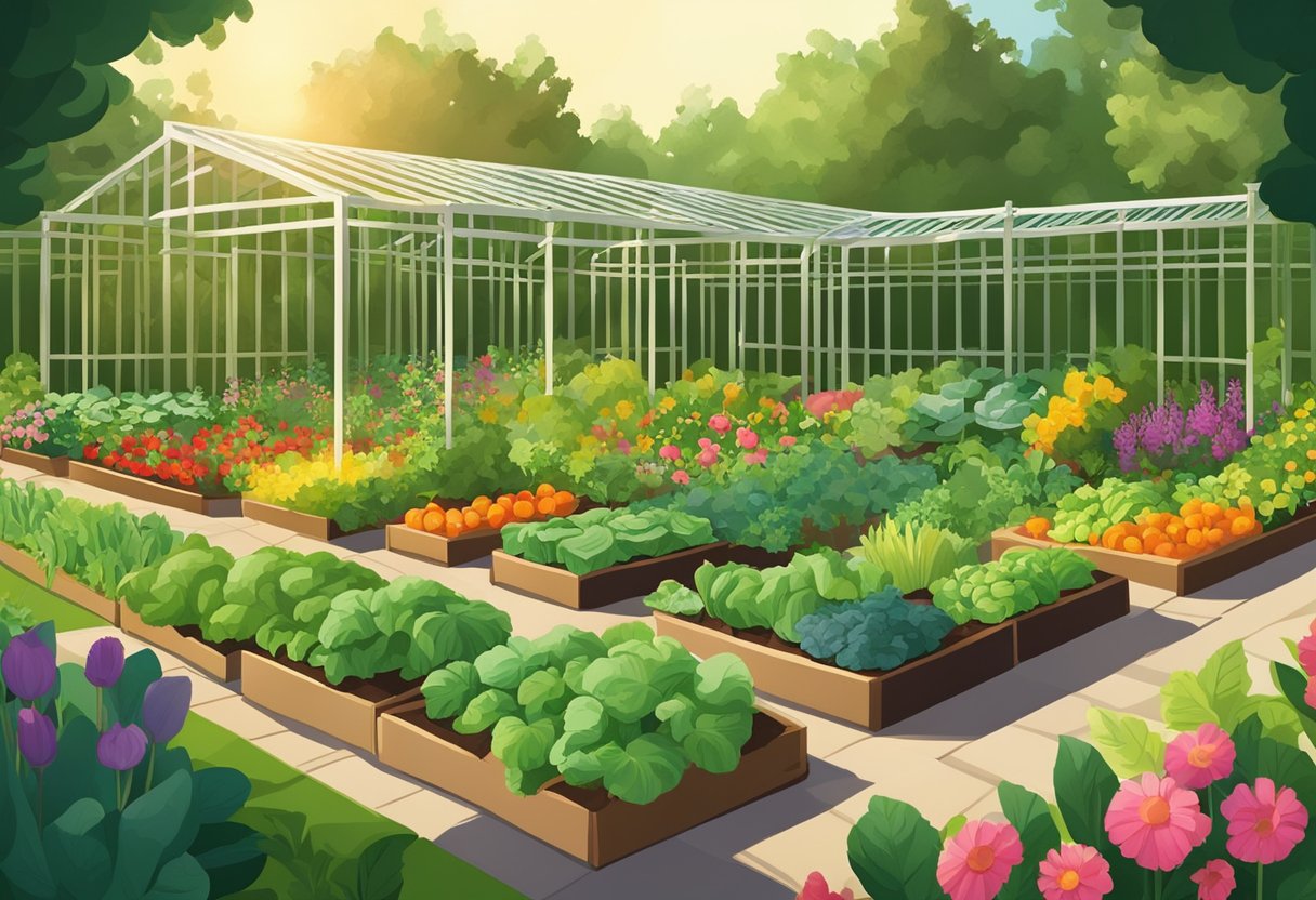 Lush green garden beds filled with vibrant vegetables, surrounded by tall trellises and colorful flowers. A warm sun shines down, casting shadows on the fertile soil