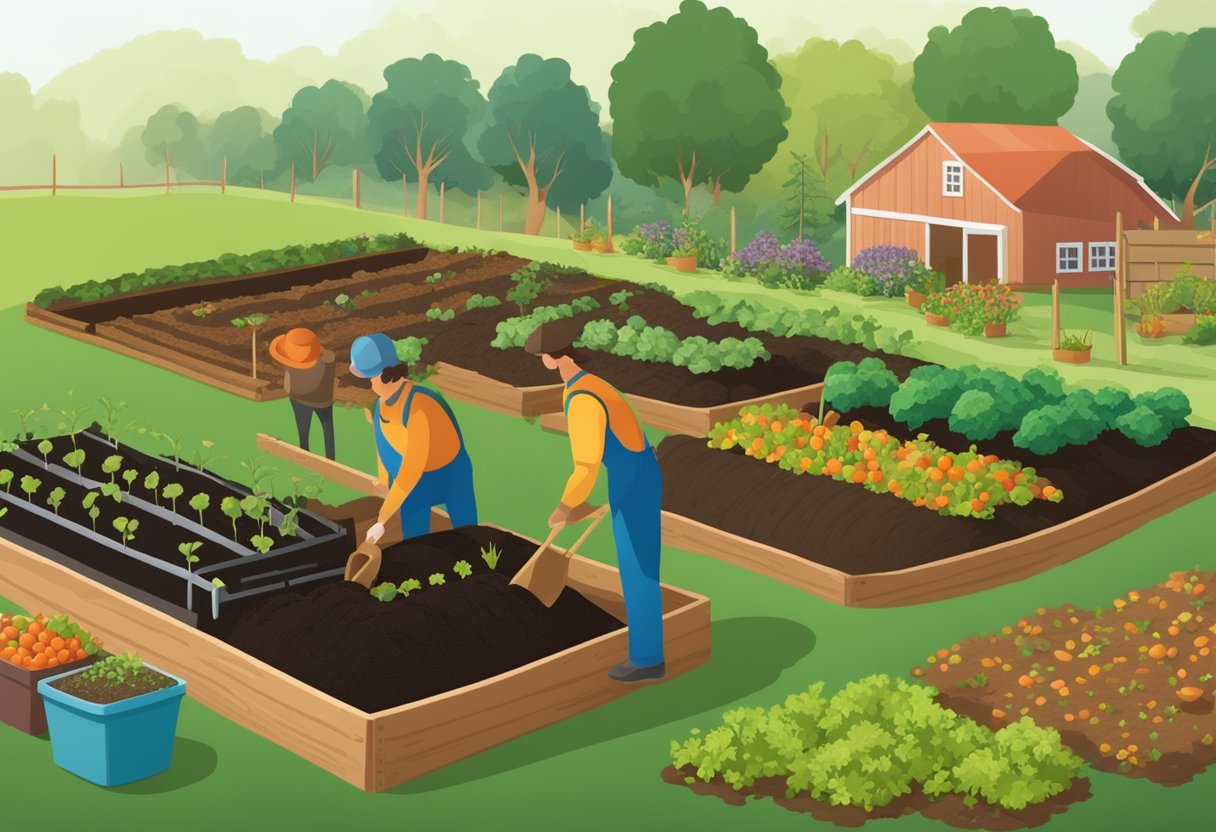 Rich soil being turned with a shovel, compost being spread, and raised garden beds being built. A variety of vegetables are being planted in neat rows