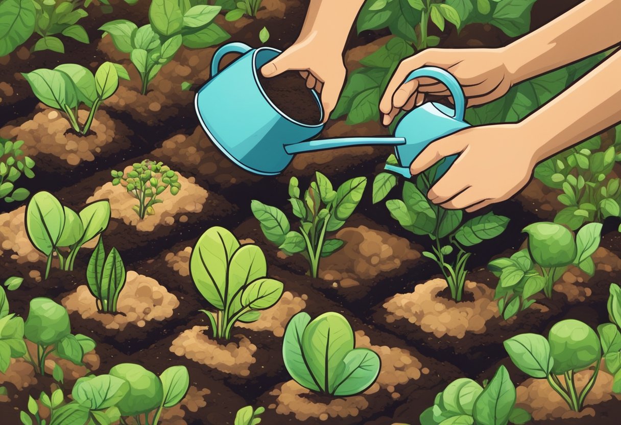 Seeds are carefully sown into the rich soil, with gentle hands pressing them down. A watering can showers the earth, and rows of young plants begin to sprout