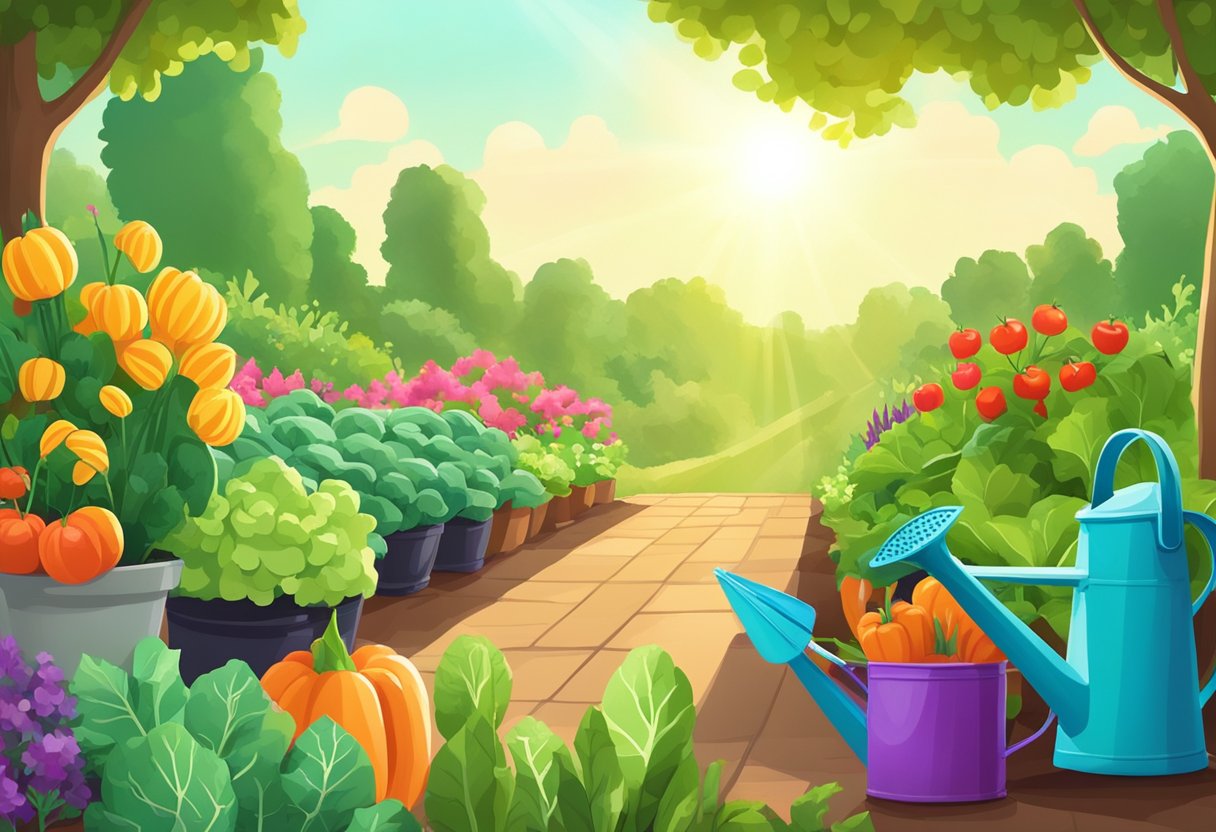 Lush garden with vibrant vegetables, neatly organized rows, and healthy plants. Sunlight filters through the leaves, while a watering can and gardening tools sit nearby