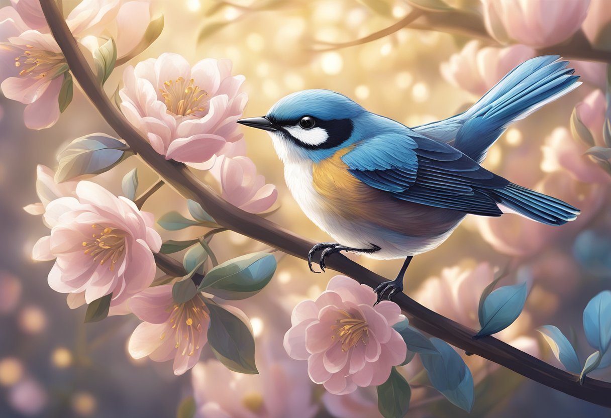 A blooming flower with a tiny bird perched on a branch, surrounded by soft, glowing light