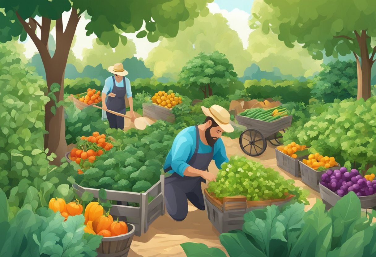 Lush garden with ripe vegetables being picked and placed into baskets for storage