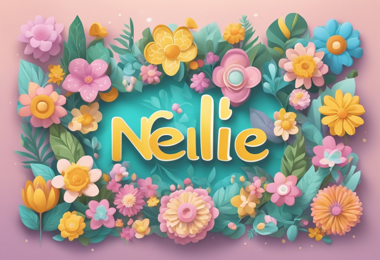 A collection of baby name variations and nicknames for Nellie, surrounded by colorful floral designs and playful typography
