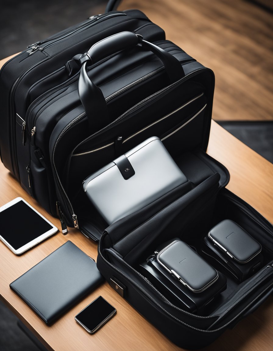 A sleek black carry-on with multiple compartments and a built-in charger sits next to a laptop and neatly folded business attire