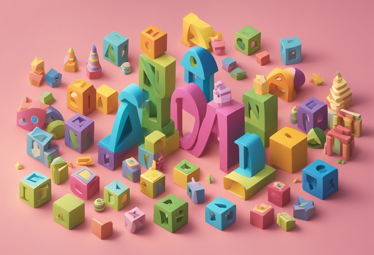 Nina's name spelled out in colorful alphabet blocks surrounded by toys and a playful, whimsical atmosphere