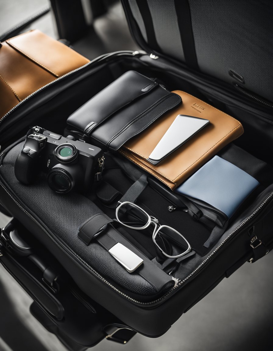 A sleek, black carry-on suitcase with multiple compartments and a built-in laptop sleeve, neatly packed with business attire and travel essentials