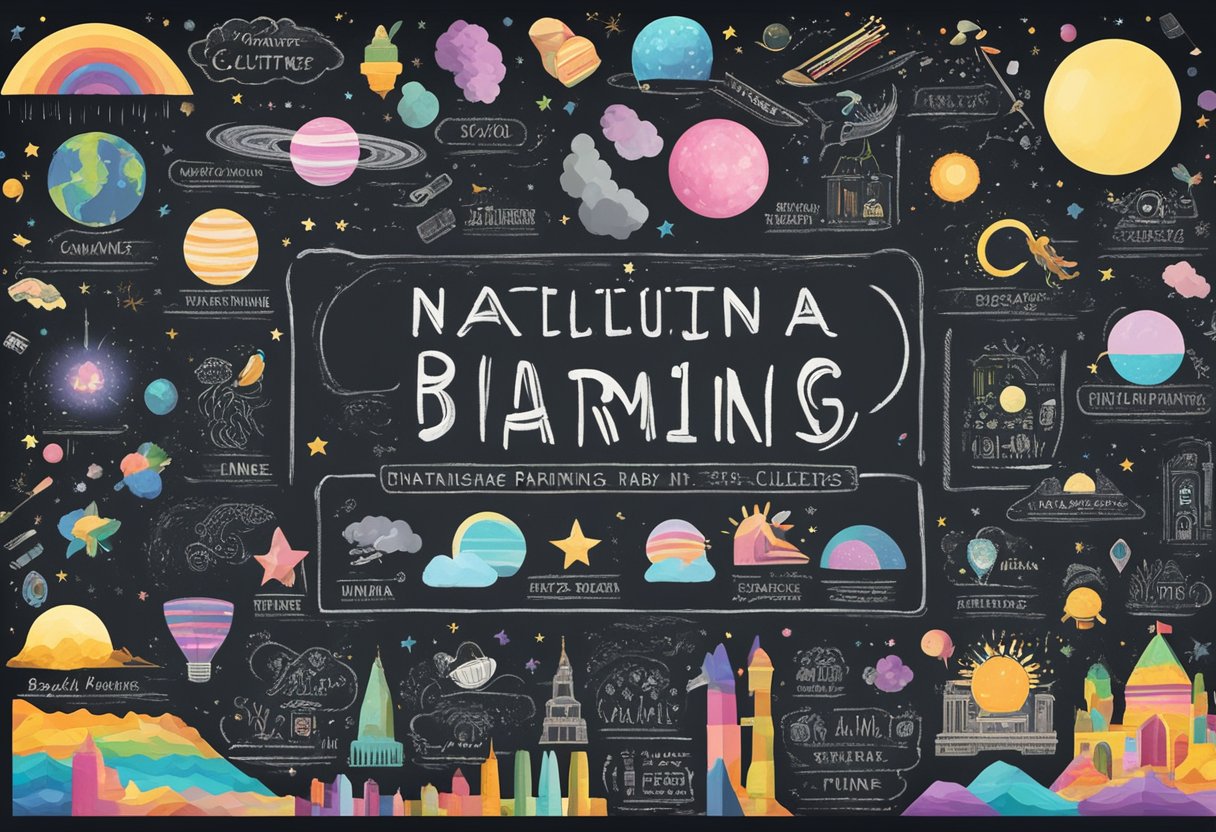 A chalkboard with "Notable Name Pairings in Popular Culture" written at the top. Below are various names, including "baby name nina," surrounded by colorful illustrations