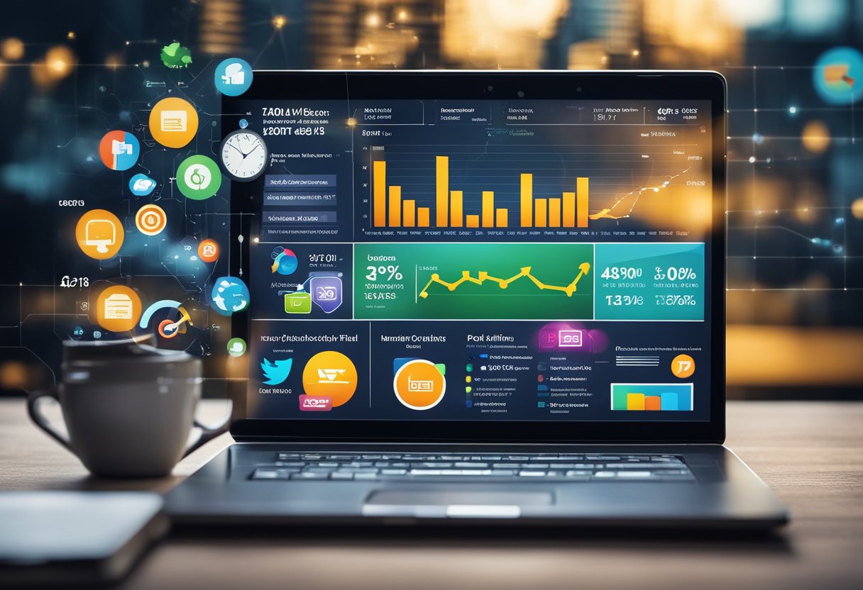 A laptop displaying various online ads and social media posts, with a graph showing increased website traffic and sales