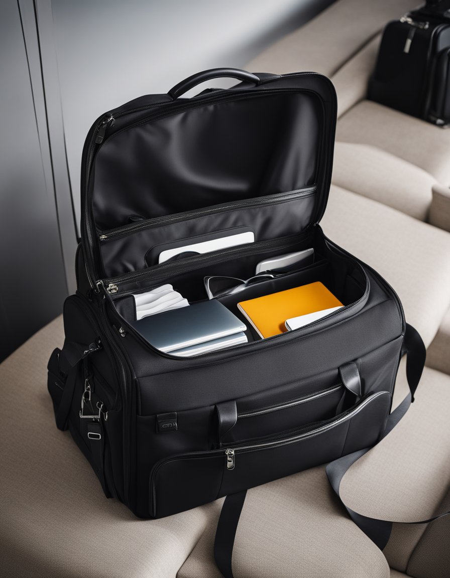 A sleek black cabin bag sits open, revealing a padded laptop section and multiple compartments for organization