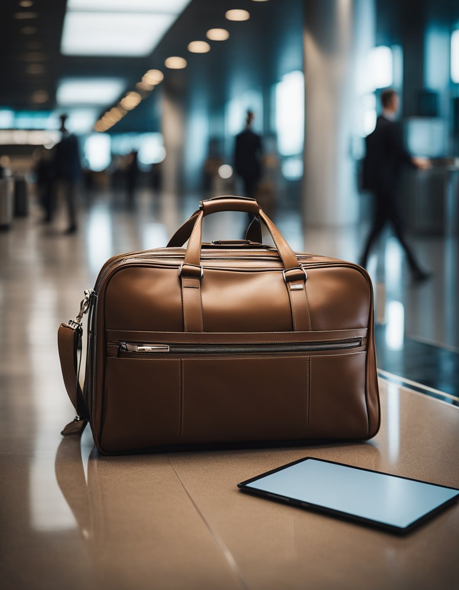 A sleek cabin bag with a dedicated laptop section sits on a polished airport floor, surrounded by other travel accessories