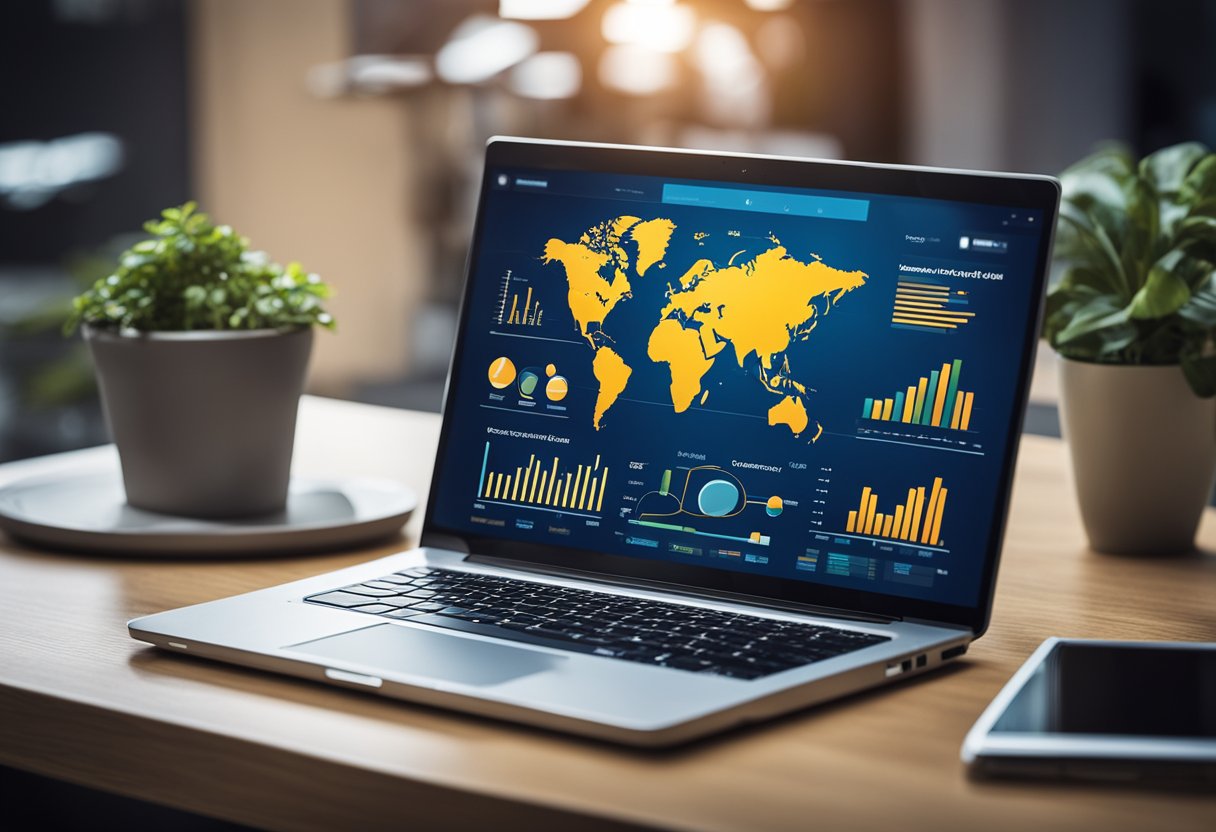 A laptop displaying various e-marketing platforms and strategies, surrounded by charts and graphs showing online consumer behavior and trends