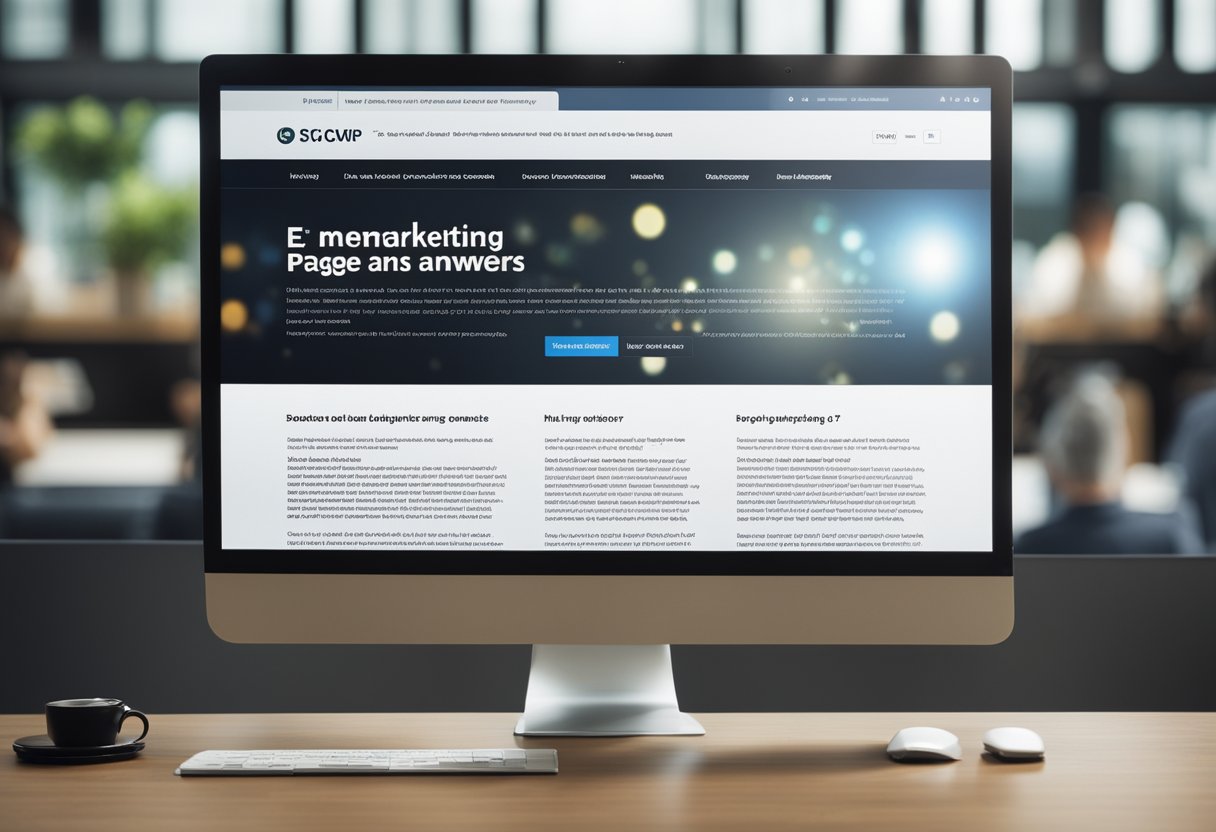 A computer screen displaying an e-marketing FAQ page with a list of questions and answers