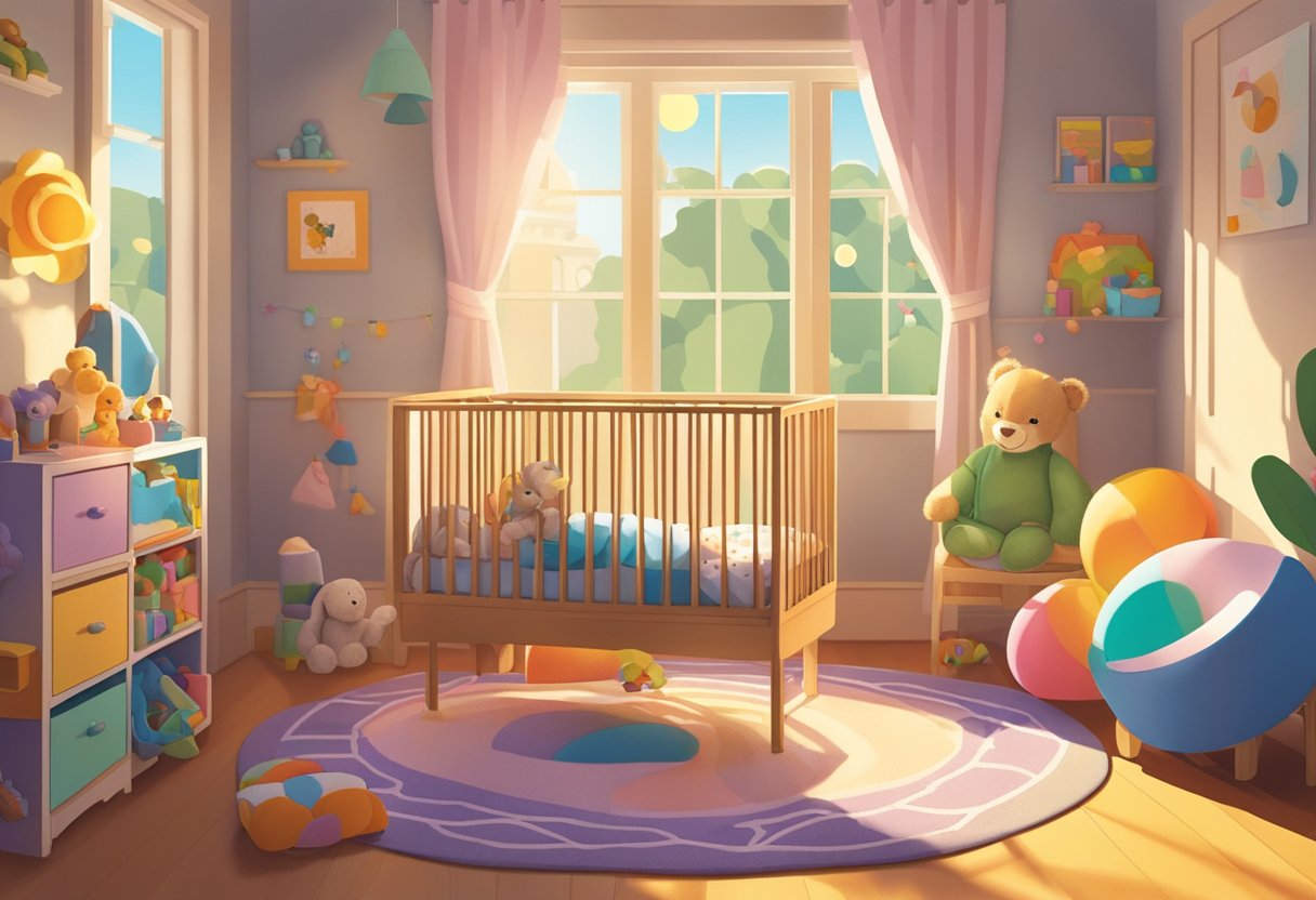 A baby named Nicole giggles in her crib, surrounded by colorful toys and a soft blanket. Sunlight streams through the window, casting a warm glow over the room