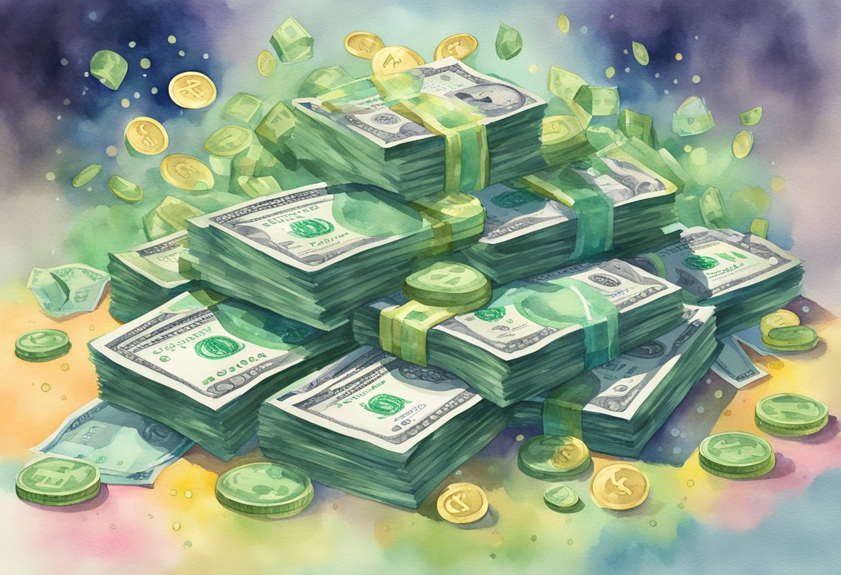 A pile of cash surrounded by sparkles and dollar signs, with a caption bubble above saying "Cha-ching!" #money #wealth #cashflow