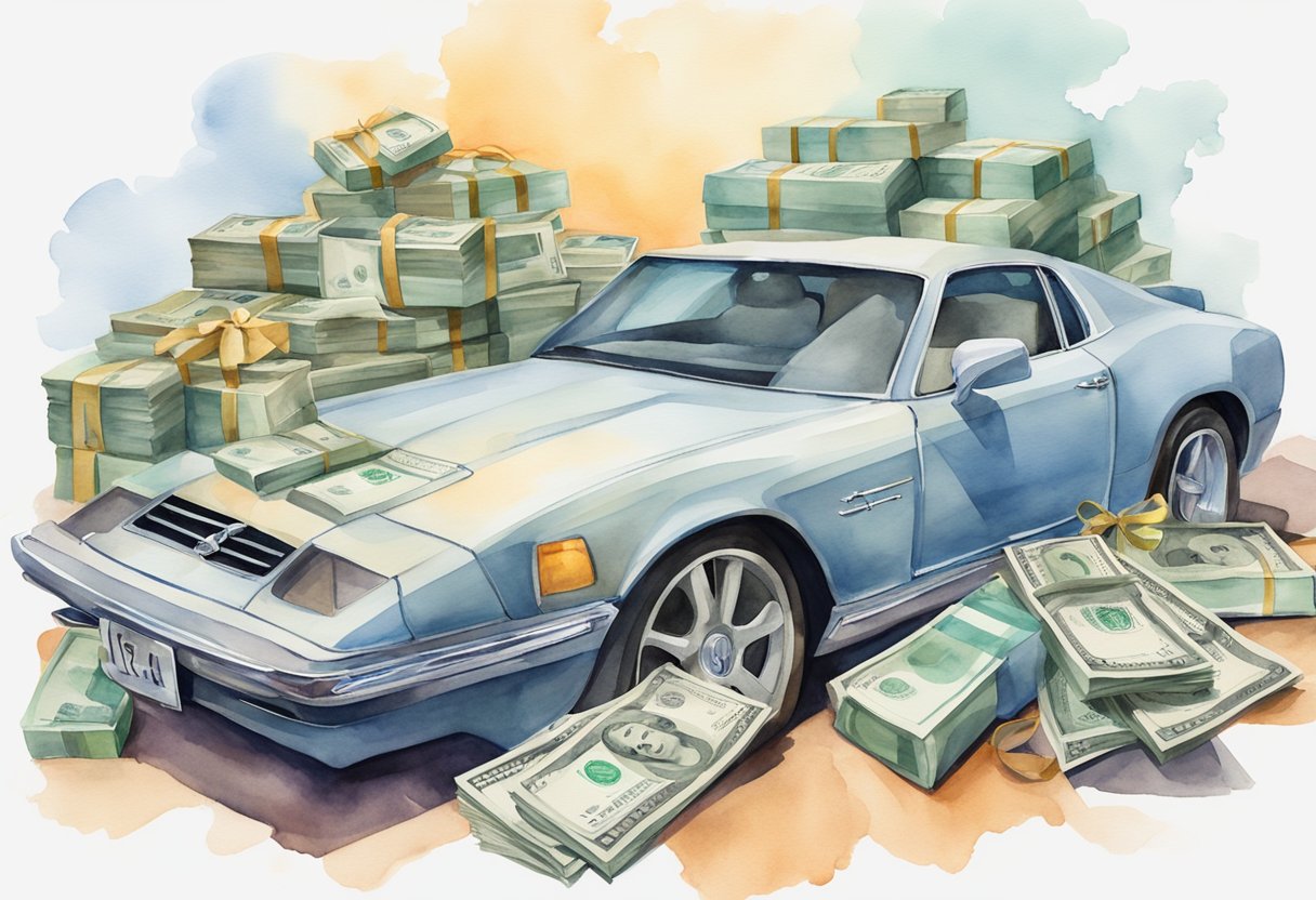 A stack of cash surrounded by luxury items like a sports car, designer clothes, and exotic vacations