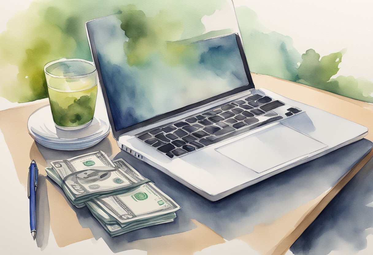 A desk with a laptop, notebook, and pen. A stack of money with a caption "Strategizing Your Financial Image" for Instagram