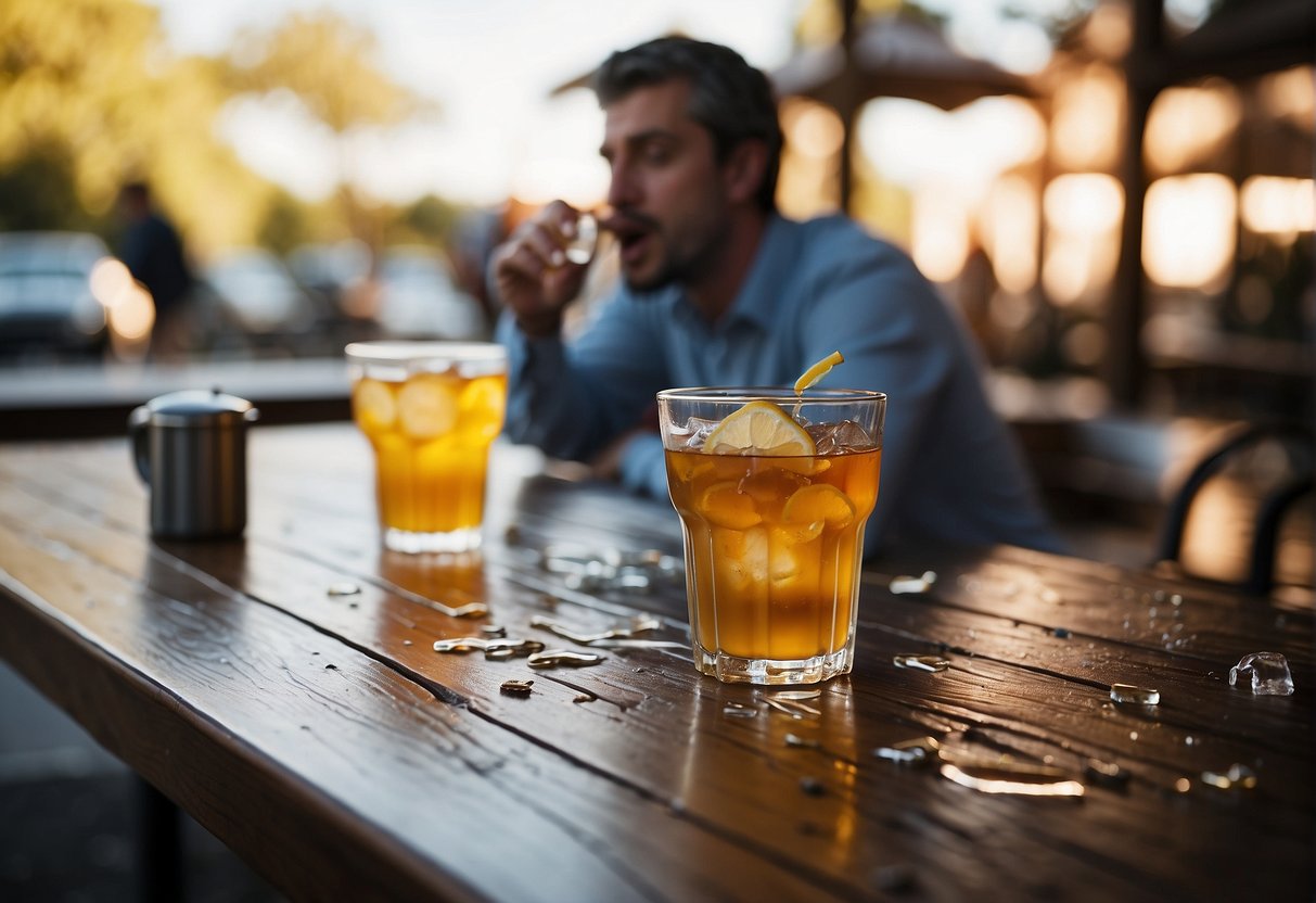 Une table avec des boissons renversées et une personne semblant frustrée