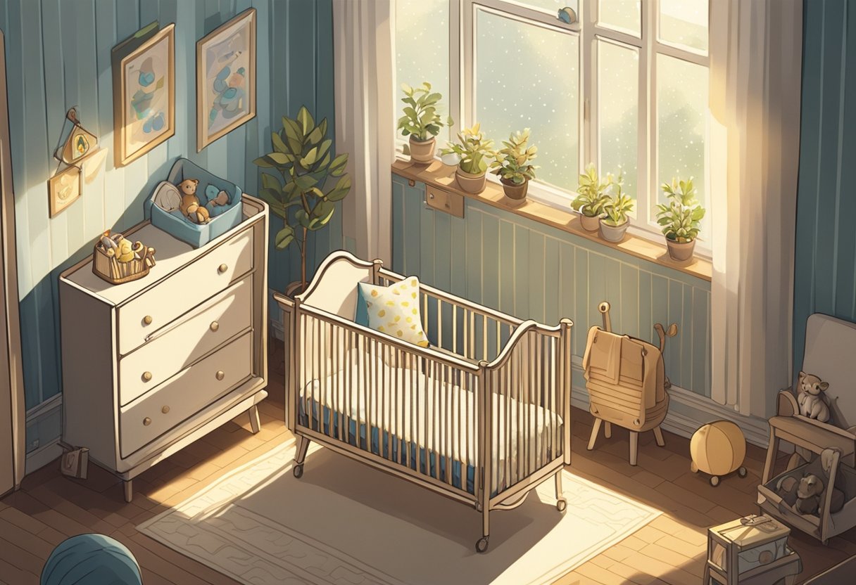 A small nursery with a crib and toys. A name plaque "Niles" hangs on the wall. Sunlight streams through the window